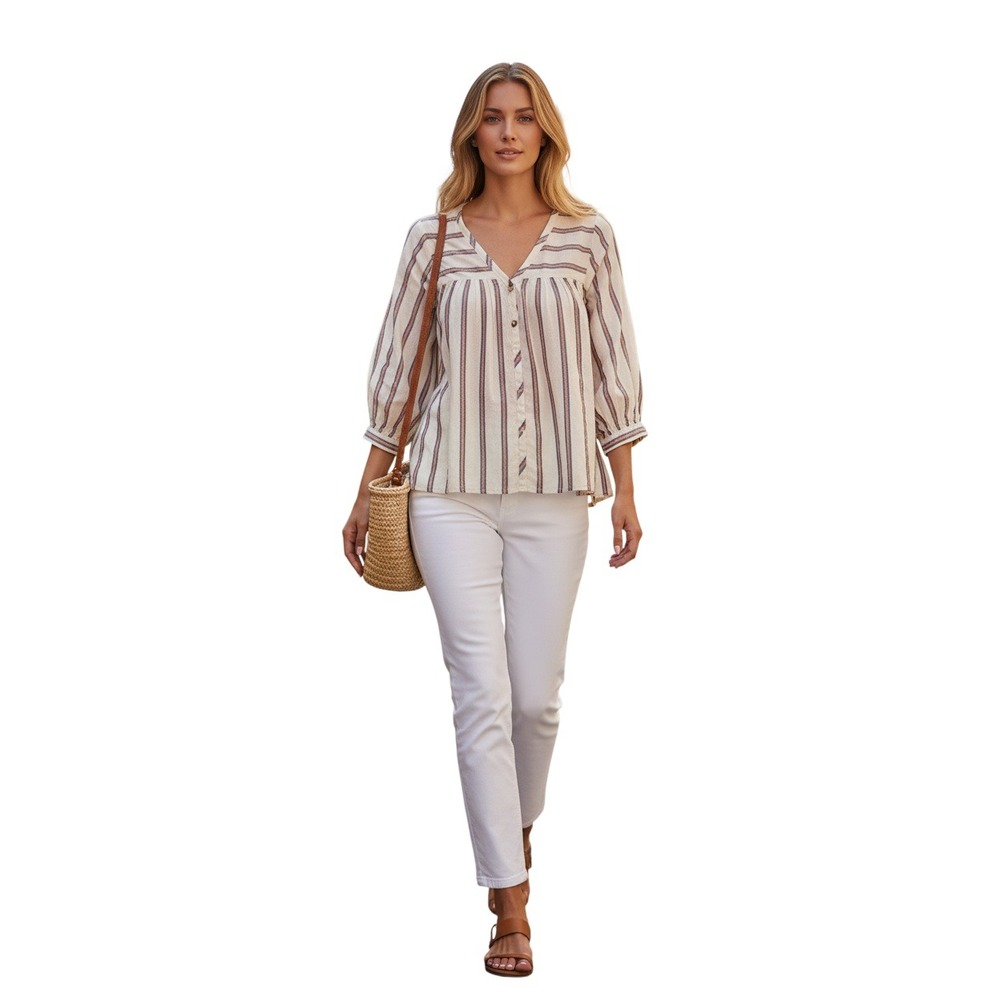 Xirena 100% Cotton Stripe Split Neck Blouse S Artisan Coastal Made USA NWOT $198